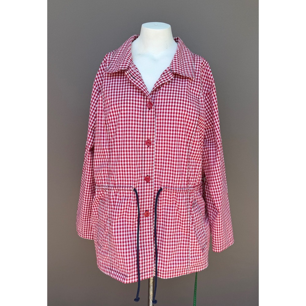 Gingham Jacket Red White Large Drawstring Button Front Pockets Utility Coat